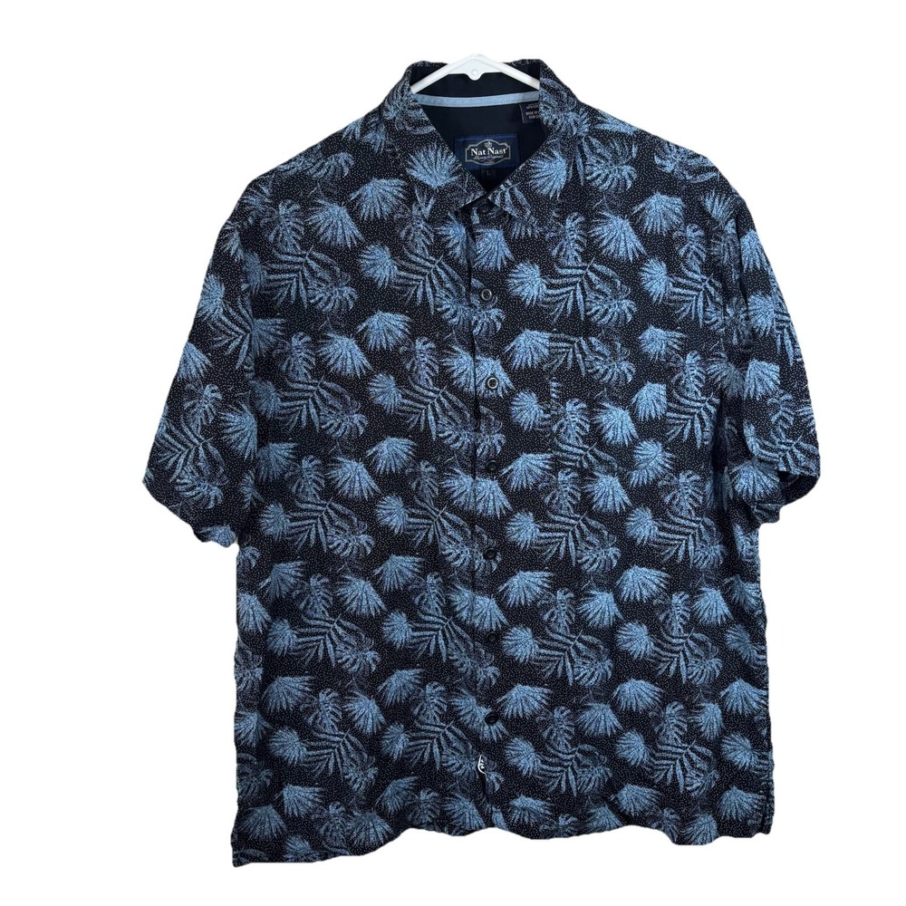 Nat Nast Camp Shirt Men's Large Blue Silk Blend Hawaiian Button-up